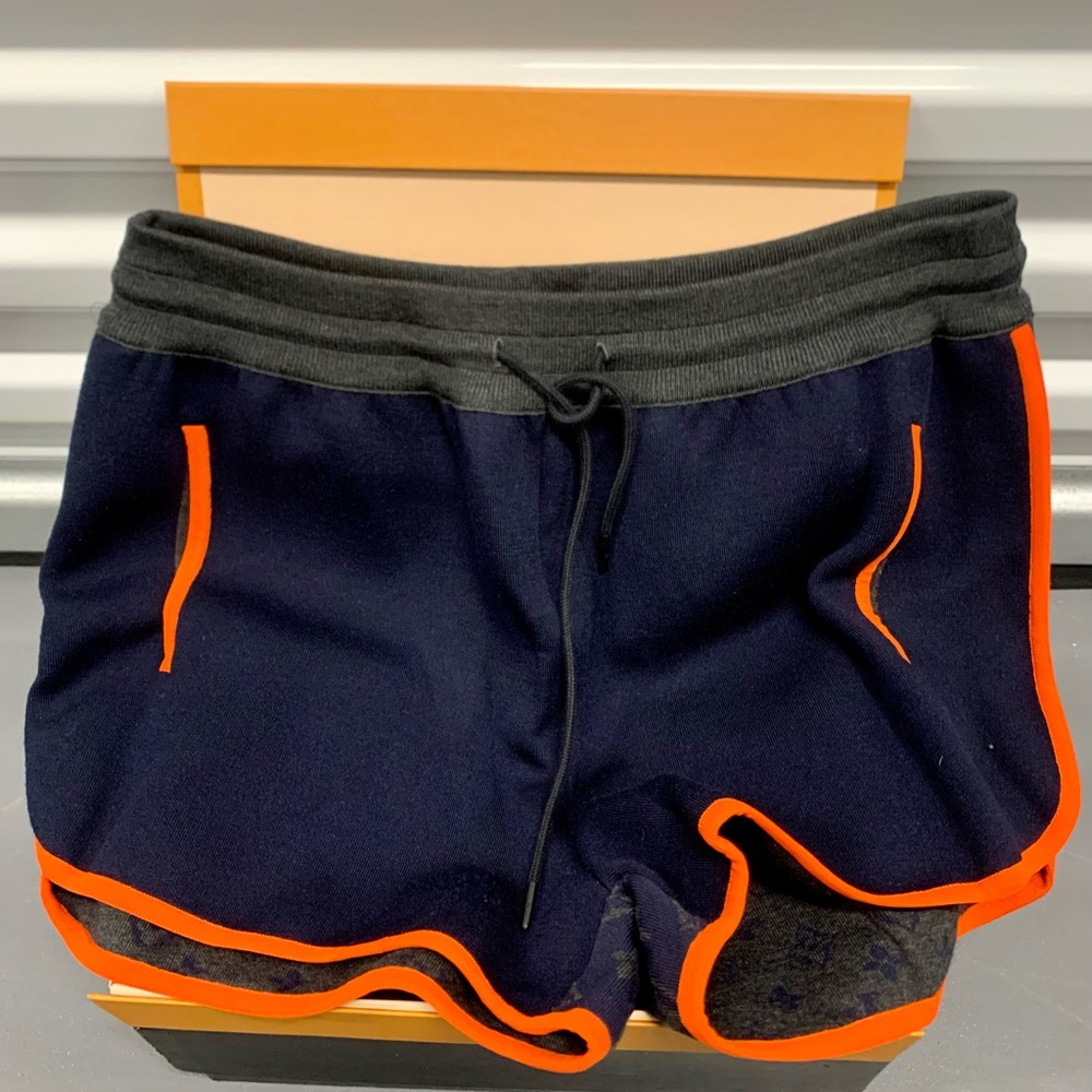Louis Vuitton Navy and Charcoal Drawstring Shorts with Yellow Tag Accent